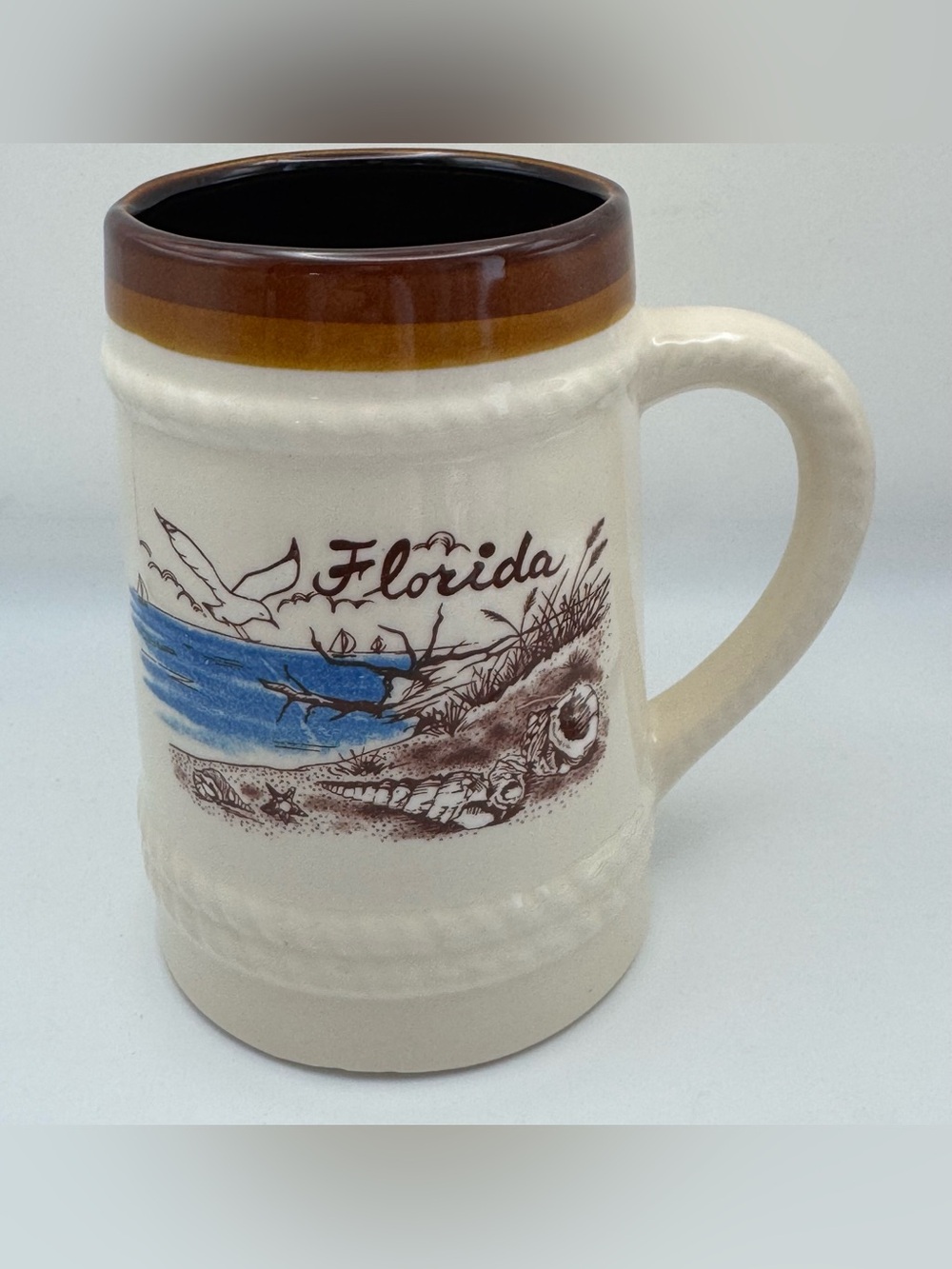 Vintage Florida Souvenir Ceramic Barrel Mug Stein Beach Shells Seagull Sailboats
